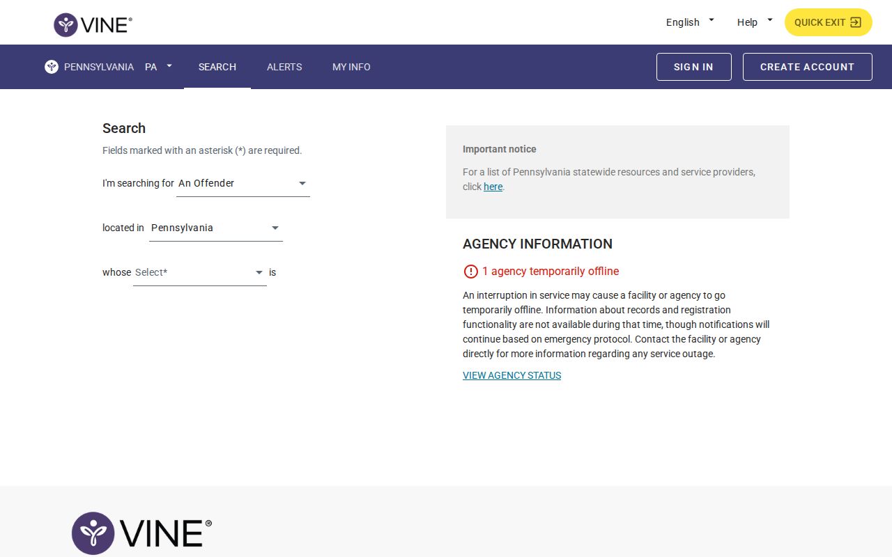 Pennsylvania VINELink screen for a Warren County inmate release check